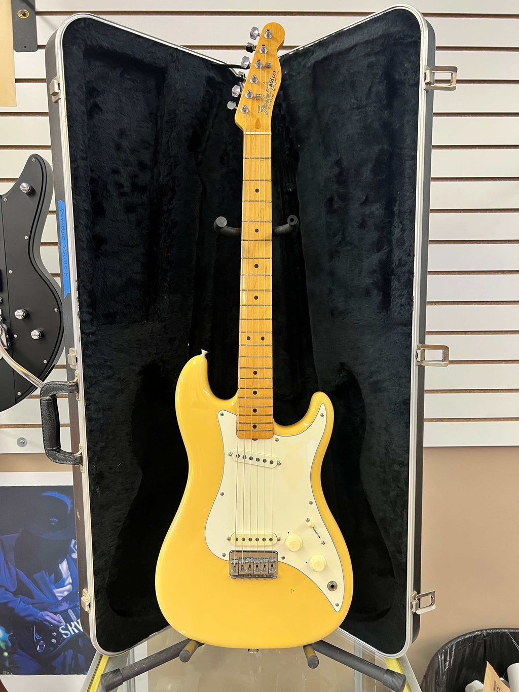 1981 Fender Bullet S-1 electric guitar in yellow with original Fender hard shell case